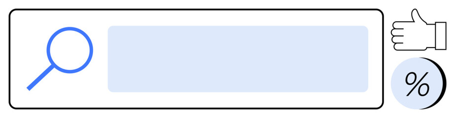Search bar with blue magnifying glass, thumbs up symbol, and percentage icon. Ideal for search engines, user feedback, website development, SEO, online marketing, UX UI design, digital tools. Line