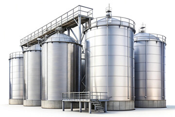 Large storage tanks and silos, isolated on white background
