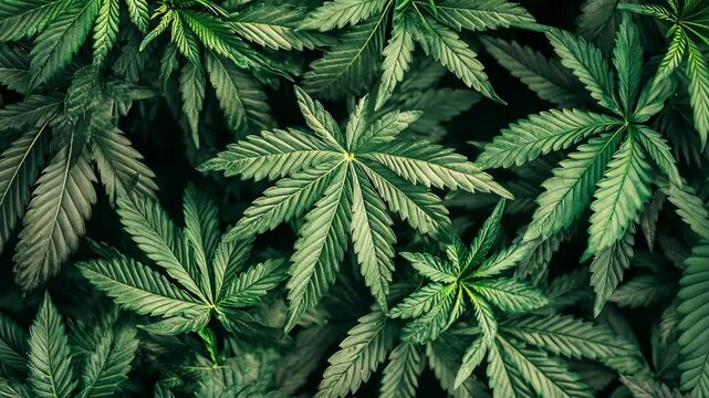 A close-up view of vibrant green marijuana leaves growing in a garden
