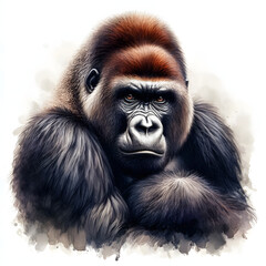 Obraz premium 흰 배경, 서부로랜드고릴라, 수채화 (white background, Western lowland gorilla, water colour)