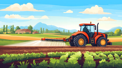 Obraz premium A red tractor is spraying a field with a white substance