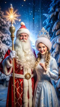 Ded Moroz and Snegurochka in Snowy Forest