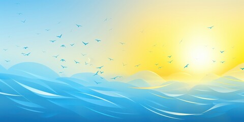 A vibrant seascape depicting a clear sky filled with birds, a warm sunrise, and a calming blue ocean with gentle waves.