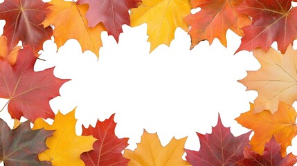Obraz premium Autumnal, colorful maple leaves arranged on a clean white background, providing ample copy space for text or design elements. This close-up view captures the beauty of fall foliage, making it ideal fo