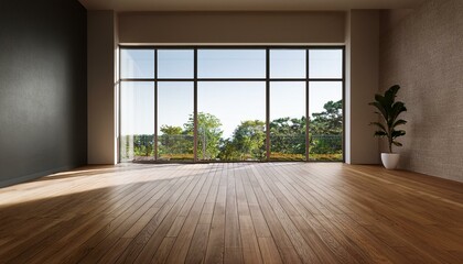 Obraz premium Modern empty room with wooden floor and large window. 3D Rendering