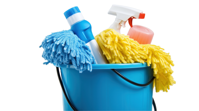 Cleaning Supplies in a Blue Bucket