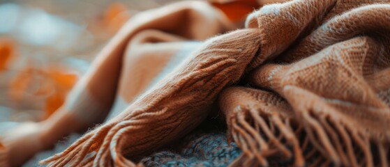 A rust-colored scarf gracefully drapes over a textured surface, set against a backdrop of soft, blurred autumn leaves, epitomizing cozy fall warmth.