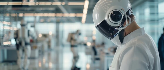 Fototapeta premium A futuristic scene with a person in a sleek helmet among robots in a tech-filled lab, highlighting advanced robotics and innovation.