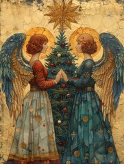 Fototapeta premium Ornate angels with Christmas tree and star against gold background.