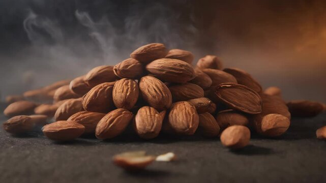 Roasted almonds on a black background. Or salted almonds, roasted almonds with salt. Generative AI