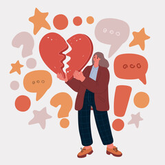 Fototapeta premium Vector illustration of a woman holding a broken heart in her hands, symbolizing heartbreak and emotional pain.
