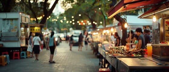 Obraz premium A bustling street market glows with vibrant nightlife, filled with people enjoying food stalls and lively conversations under twinkling lights.