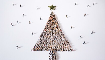 Human crowd forming a christmas tree symbol on white background