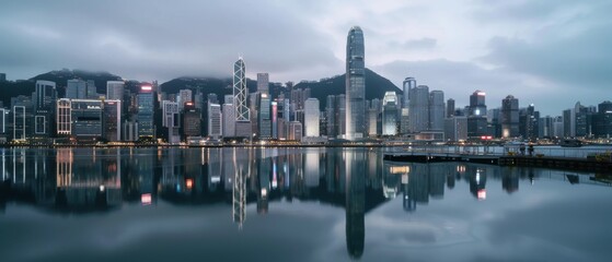 Fototapeta premium An iconic waterfront city is set against a cloudy backdrop, with illuminated skyscrapers reflecting brilliantly on the calm harbor waters at twilight.