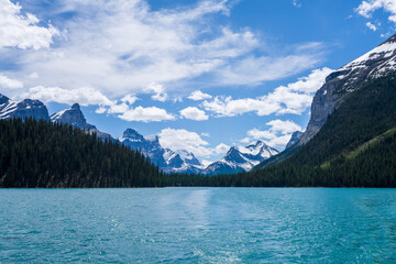 Maligne Lake summer scenery in Jasper National Park, Alberta, Canada. Canadian Rockies snow-capped mountain range.