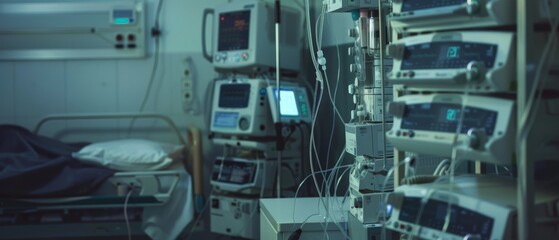 Intricate medical machinery fills a dimly lit hospital room, embodying the complexity and urgency of modern healthcare technology.