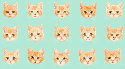 Fototapeta premium A grid of 20x10 unique orange cat faces on a soft mint background, showcasing a variety of playful and curious expressions. Clean, vibrant, and fun.