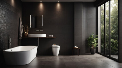 Fototapeta premium Interior of light bathroom with bathtub, houseplant and white furniture, minimalist design