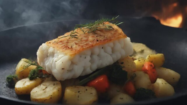 Bacalao  Salted cod baked with potatoes and vegetables
Bacalao or Bacalhoada, Portuguese salt cod stew. Generative AI