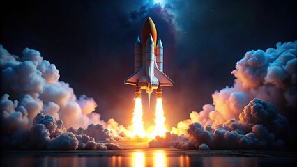 Rocket launch with fire and smoke against neon glowing light