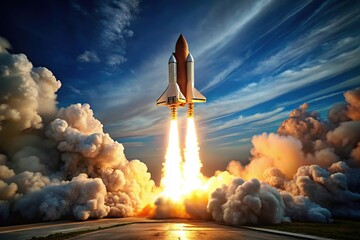 Rocket launching into space with smoke and flames behind