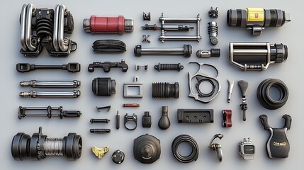 Fototapeta premium Mechanical Parts and Equipment Flat Lay Arrangement