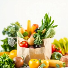 A paper bag filled with a variety of fresh and healthy vegetables symbolizes an eco-friendly lifestyle and healthy food consumption.