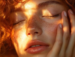 Woman massaging lightweight facial oil into her skin, closeup on hands and face, soft morning sunlight creating a warm glow
