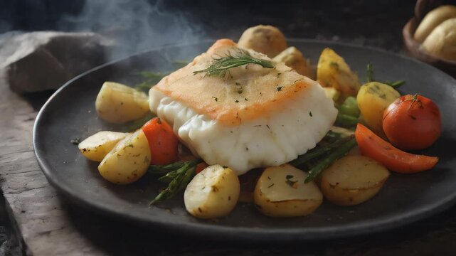 Bacalao or Bacalhoada, Portuguese salt cod stew. Generative AI