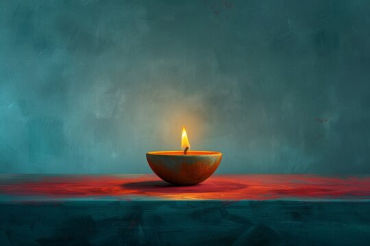 Indian Diya lamp candle burning on floor at calm background, creating serene and peaceful atmosphere, symbolizing inner tranquility and spiritual reflection