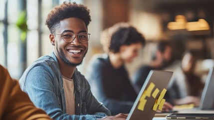 Empowering smiles a young professional embracing creativity and collaboration in a dynamic workspace setting