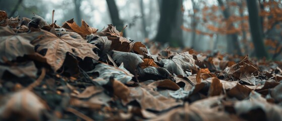 Fallen leaves rest on the forest floor, covered in a layer of mist, evoking the mysterious beauty of an autumn morning.