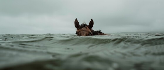 Obraz premium A horse's head emerges cautiously above water in a serene, misty environment, creating a mysterious and calming natural scene.