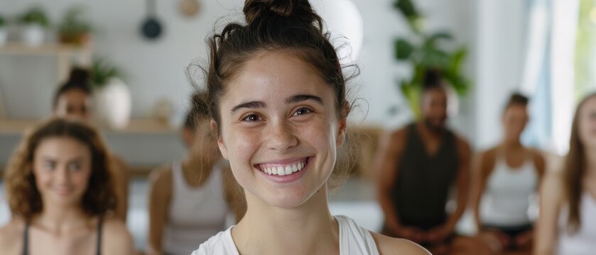 Radiant woman leads a joyful yoga class, surrounded by a diverse group in a sunlit studio, exuding positivity and connection.