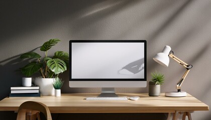 Modern minimalist office desk setup with computer, lamp, and plant. 3D Rendering