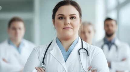 Fototapeta premium Overweight female doctor in a white coat, confidently leading a team of medical professionals in a hospital