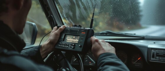 Naklejka premium A person adjusts a radio in a car while driving through a rainy forest, invoking a sense of adventure and mystery on a journey through nature.