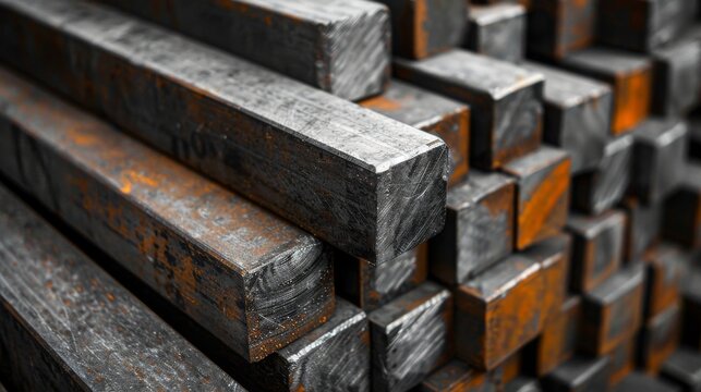 Stacked industrial steel bars with rusty texture in warehouse.