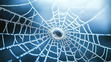 Fototapeta premium Close-up of a spiderweb adorned with raindrops, symbolizing the delicate beauty and complexity found in nature