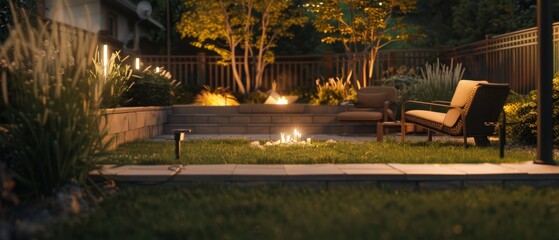 Cozy backyard fire pit patio with comfortable seating enveloped in warm ambient light for tranquil evenings.