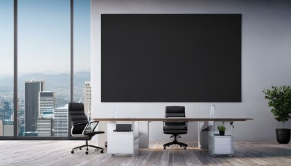 Fototapeta premium Modern office interior with blank black poster on wall. 3D Rendering