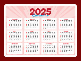 Calendar 2025 template vector with simple minimal design in red colors