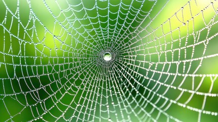 Obraz premium Raindrops on a spiderweb in close-up, showcasing the delicate symmetry and complex beauty of natural design