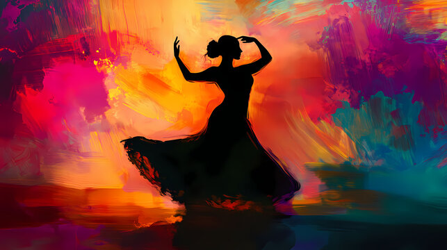 Elegant spanish woman dancing flamenco in a vibrant abstract background. Silhouette Art. Illustration