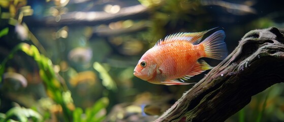 A vibrant fish elegantly swims through a lush aquarium, embodying aquatic beauty and serenity.