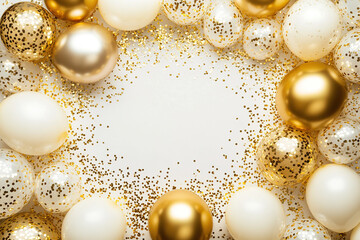 Gold and White Party Balloons and Confetti on a Light Background