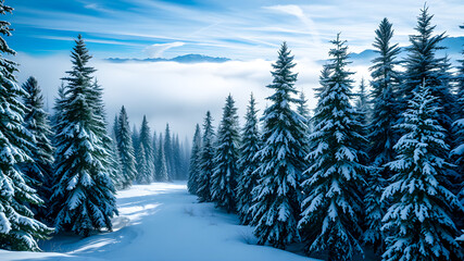 Fototapeta premium Beautiful winter landscape with snow covered fir trees in the mountains.