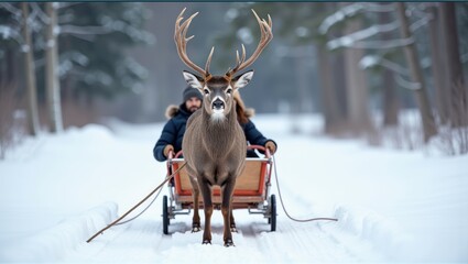 Majestic deer stands on a snowy path with a sleigh, surrounded by winter forest. Generative, AI,

