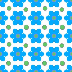 Retro blue flowers and green dot on white background seamless pattern