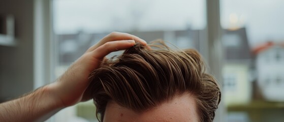 Naklejka premium A hand gently tousling short hair against a blurred domestic backdrop presents a casual, intimate moment of self-care or daily routine.